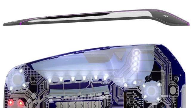 IMSEでは部品点数を削減し、全て一体化。立体の曲面形状で、薄型軽量に。組立工数も削減されます。